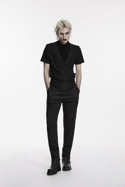 Slim Pleated Embroidered Gothic Pants for Men in Black