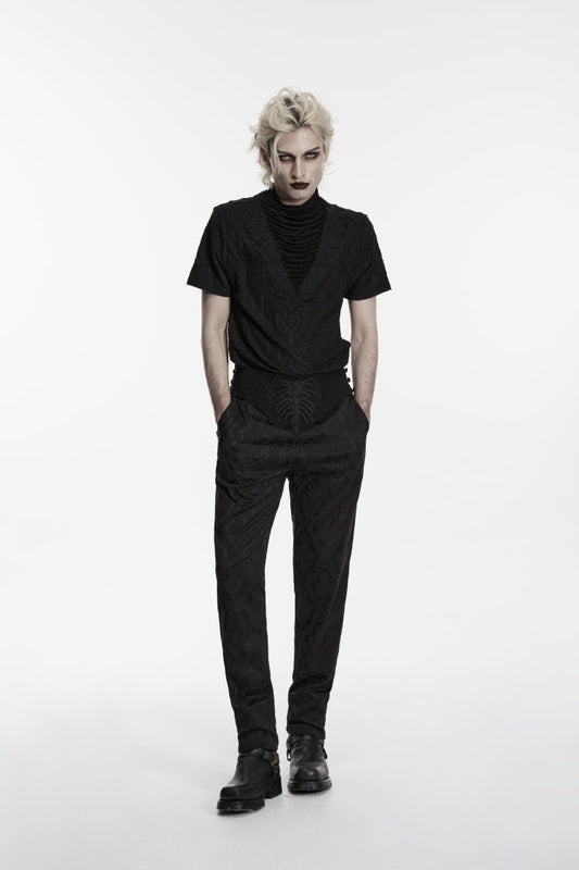 Slim Pleated Embroidered Gothic Pants for Men in Black
