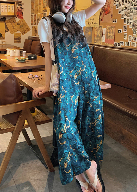 Loose Pants Cotton Print Jumpsuits Waist Blue Summer High