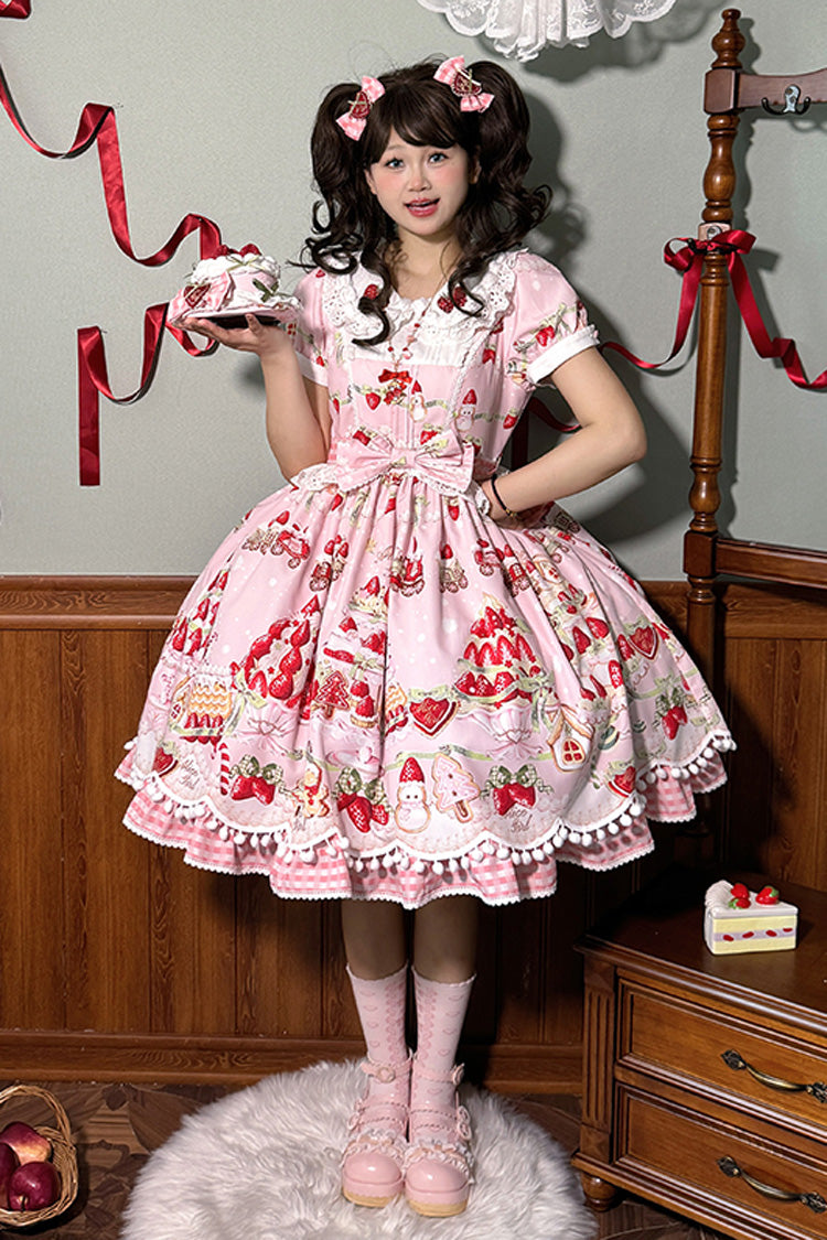 Doll Collar Short Sleeve Print Ruffle Bowknot Sweet Lolita Dress with Strawberry Dessert - 4 Colors