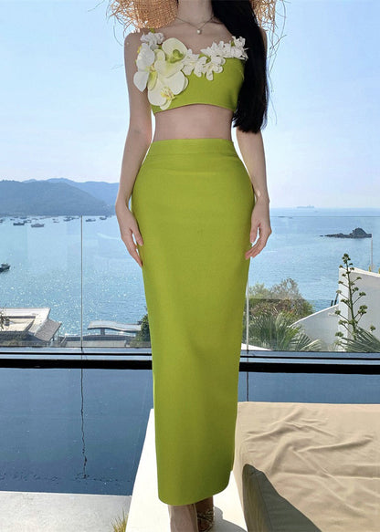 Chic Green Tank Cotton Floral Skirts And Side Set Two-Piece Open