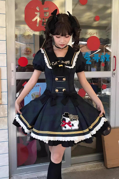 Azure Dalmatian Print Short Sleeve Ruffle Bow Slim Sweet Lolita Gown