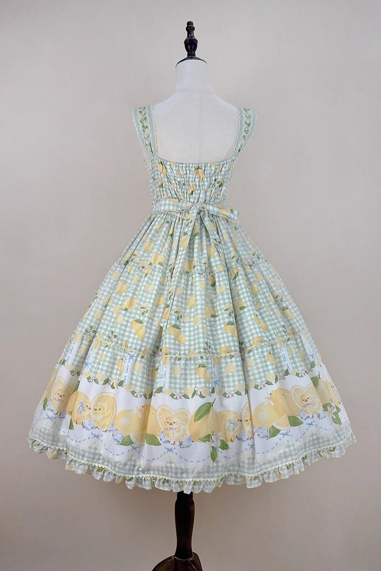 Emerald Lemon Chicken Printed Ruffle Bow Lace Long JSK Dress