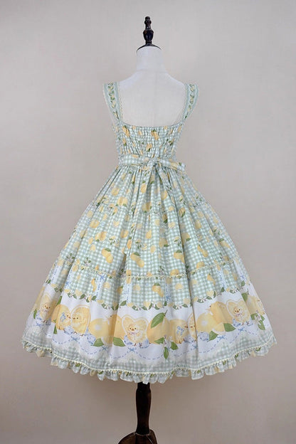 Emerald Lemon Chicken Printed Ruffle Bow Lace Long JSK Dress