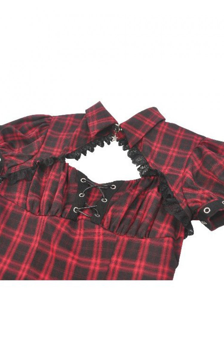 Crimson & Charcoal Tartan Notch Collar Cutout Short Sleeve Laced Punk Retro Mini Dress
