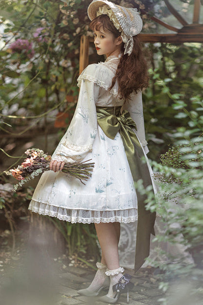 Floral Print Sweet Lolita OP Dress with Ruffled Lantern Sleeves & Lace Round Collar, Cream