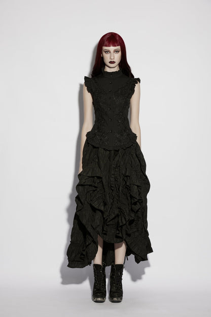 Elegant Black Gothic Blouse for Women, Ruffled with Embroidery and Lace-Up