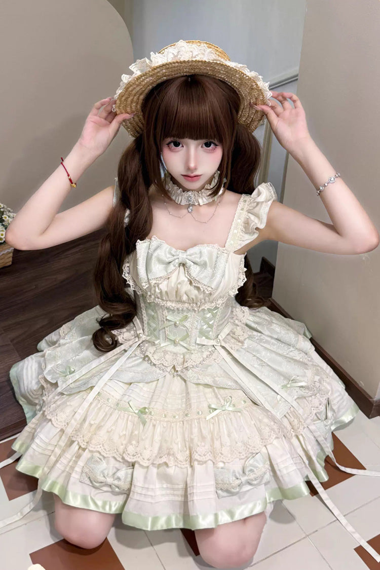 Sleeveless Ruffle Bowknot Lace Sweet Ballet Lolita JSK Dress in Mint Milk Green