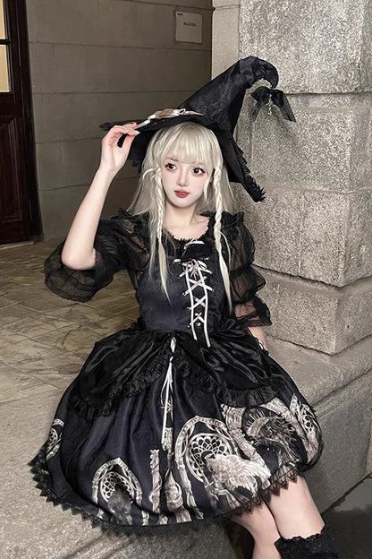 Gothic Punk Lolita JSK Dress with Ballet Lace-Up and Eternal Night Print