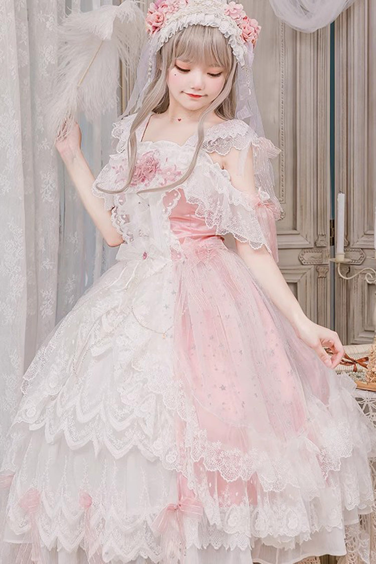 Blush Off-Shoulder Ruffle Hanayome Bow Lace Elegant Dress - Glazed Phantom