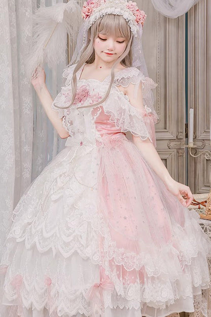 Blush Off-Shoulder Ruffle Hanayome Bow Lace Elegant Dress - Glazed Phantom