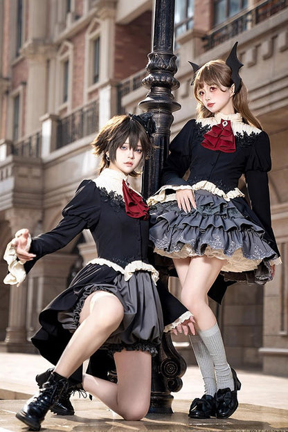 Gothic Princess Lolita Top and Skirt Set with Multi-Layered Ruffle in Black