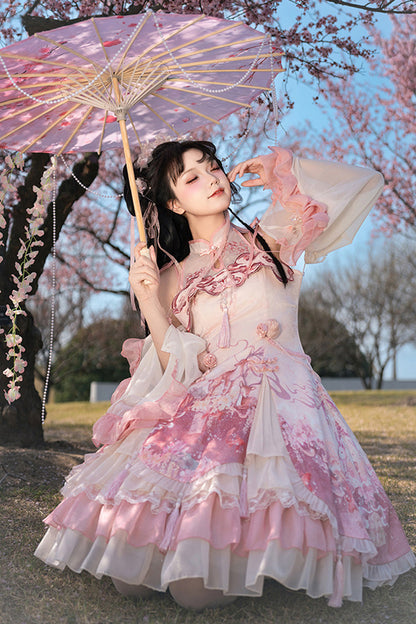 Blush Multi-Layered Print Ruffle Bow Chinese Style JSK - Flower Feast