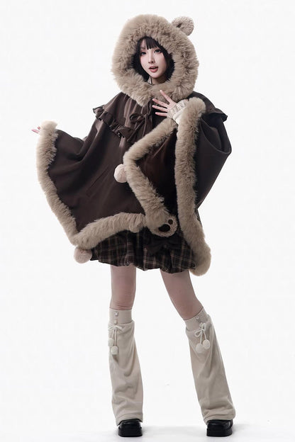 Fluffy Bear Plaid Ruffle Bow Sweet Lolita Strap Dress