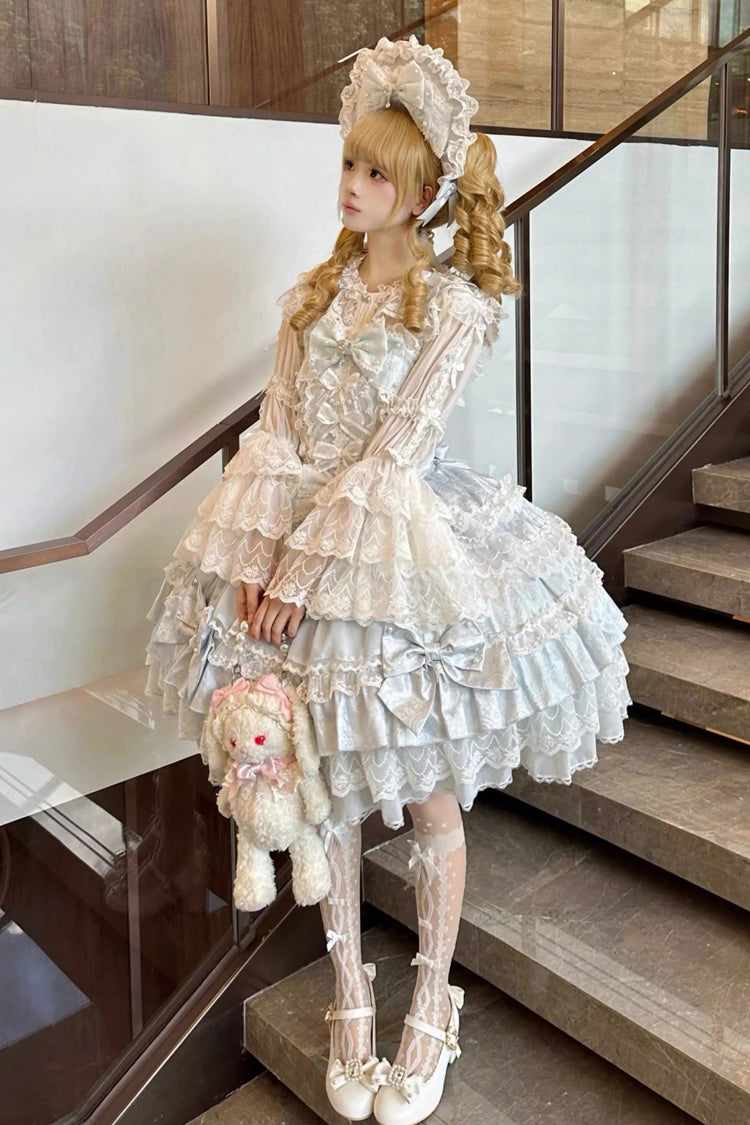 Azure Pearl Veil Doll-Style Sleeveless Ruffled Bow Lace Layered Sweet Lolita Gown