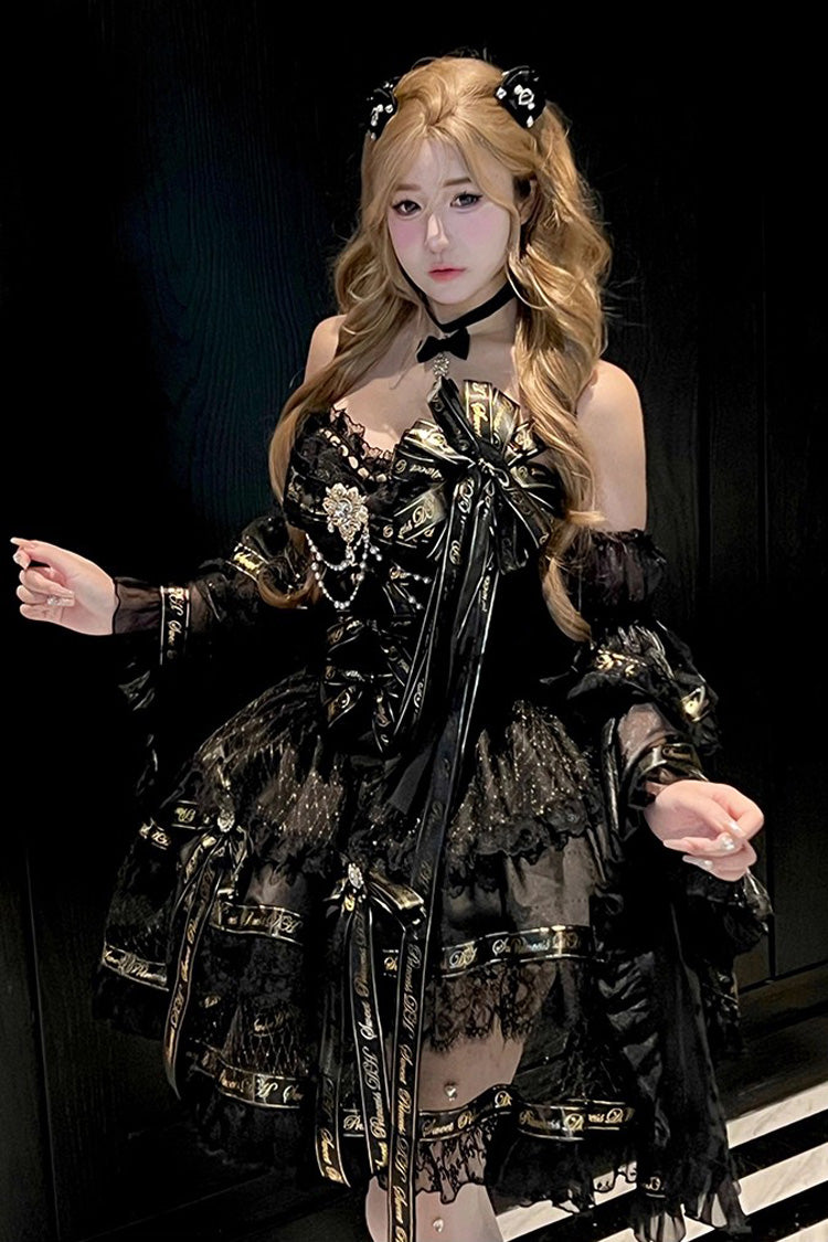 Ebony Sleeveless Tiered Bow Pearl Princess Gown - Golden Obsidian Night