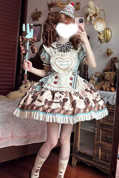 Peppermint Chocolate Cake Bear Print Lace-Up Lolita Dress with Bow - Sweet