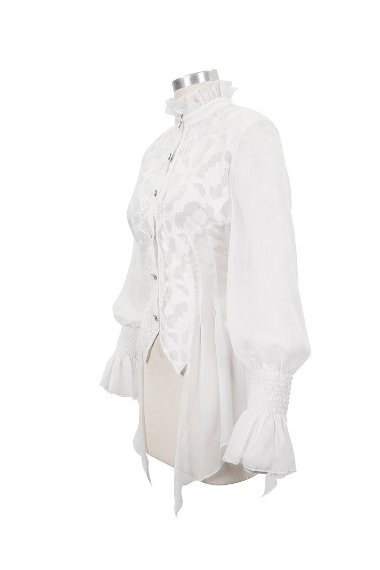 Ivory Chiffon High Collar Flared Cuff Back Lace-Up Gothic Blouse