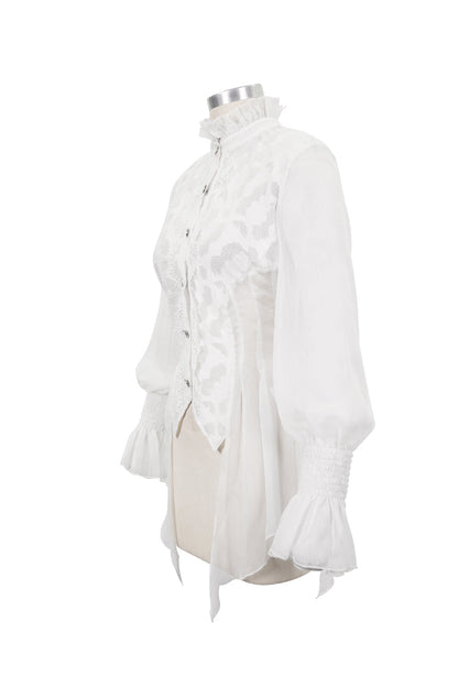 Ivory Chiffon High Collar Flared Cuff Back Lace-Up Gothic Blouse