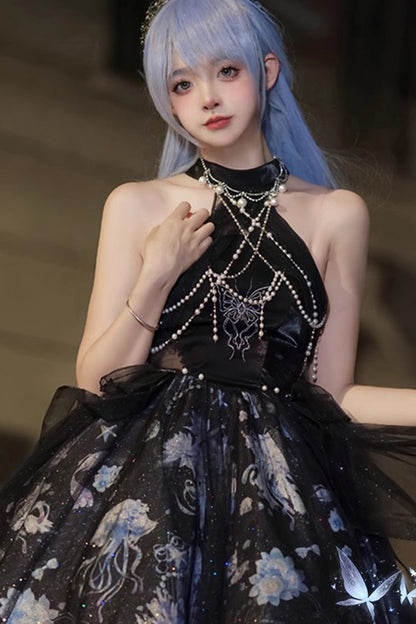 Azure Deep Sea Jellyfish Halter Sleeveless Print Embroidery Bow Lace Elegant Lolita Jumper Dress