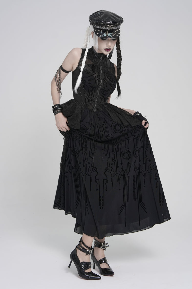 Gorgeous Black Punk Dress for Women, Layered Print with Sheer Fabric