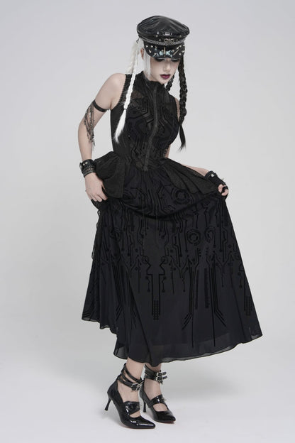 Gorgeous Black Punk Dress for Women, Layered Print with Sheer Fabric