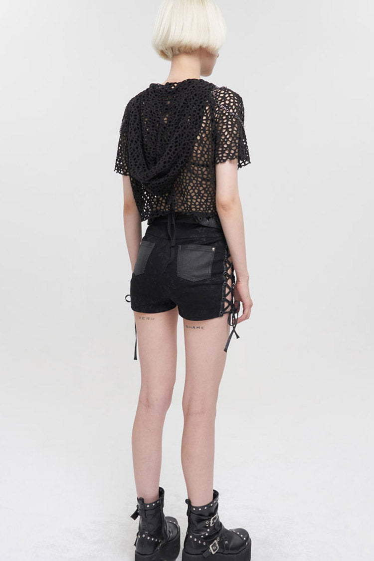 Adjustable Grommet Side-Strap Hollow Shorts in Black