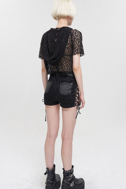 Adjustable Grommet Side-Strap Hollow Shorts in Black