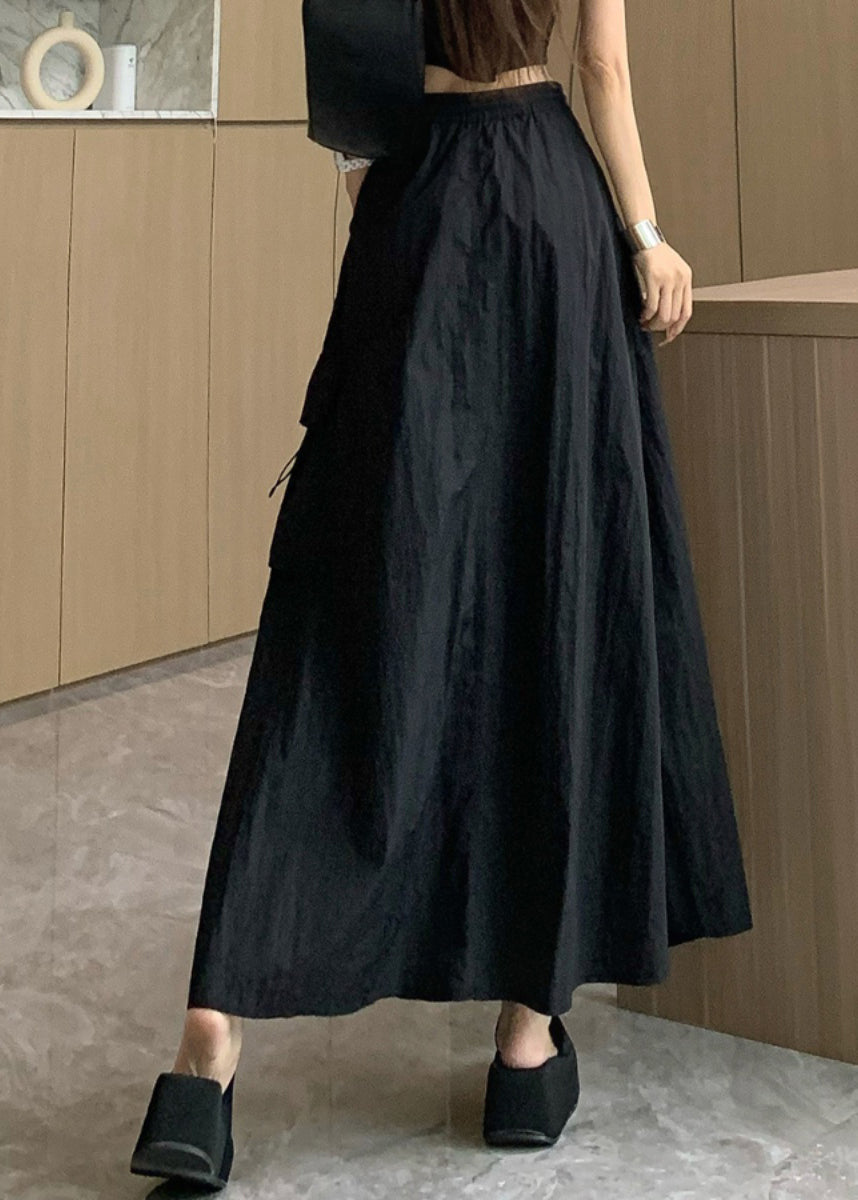 Women Black Pockets Drawstring High Waist Cotton Skirts Summer NN002