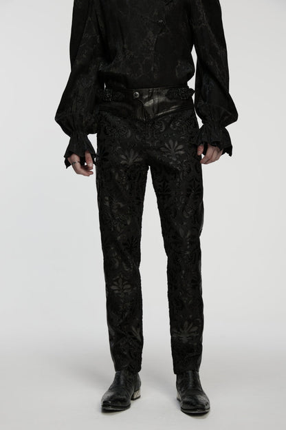 Men's Gothic Pants with Floral Embroidered Details in Black Jacquard