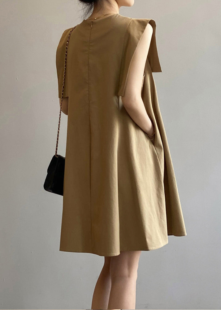 Day Khaki Cotton Elegant Sleeveless Dress O-Neck