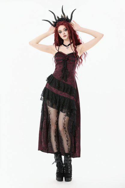 Crimson & Charcoal Rose Layered Tulle Ruffled Goth Evening Gown