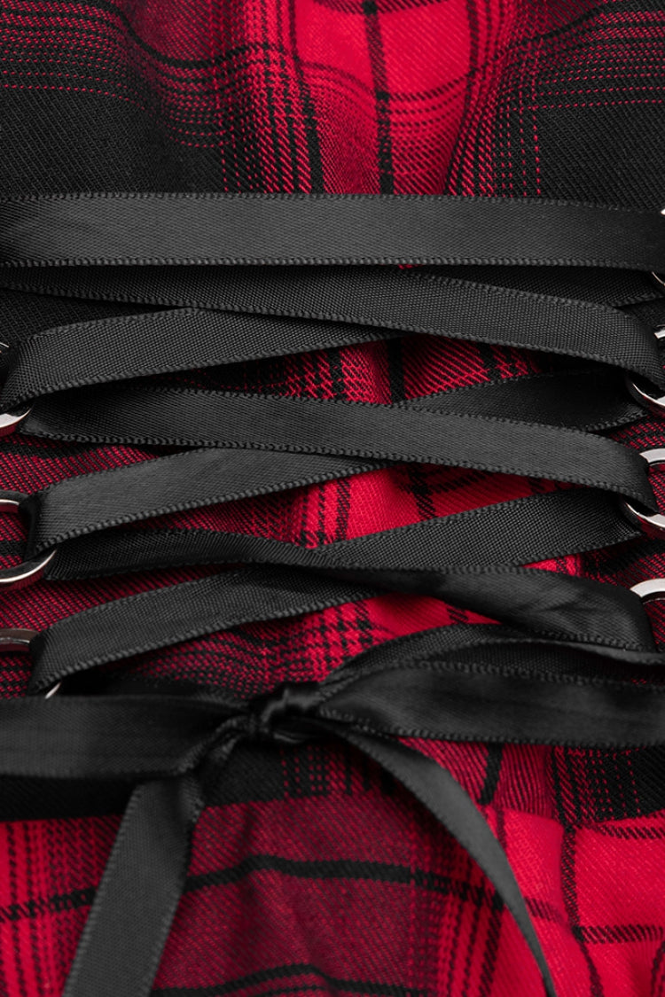 Crimson & Charcoal Tartan Ruffle Lace Punk Dress