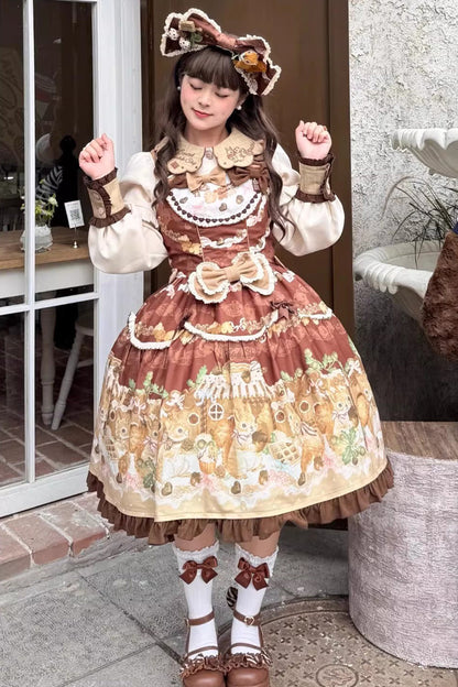 Squirrel Chocolate Shop Lolita JSK Dress with Blouse - Ruffled Bow Print