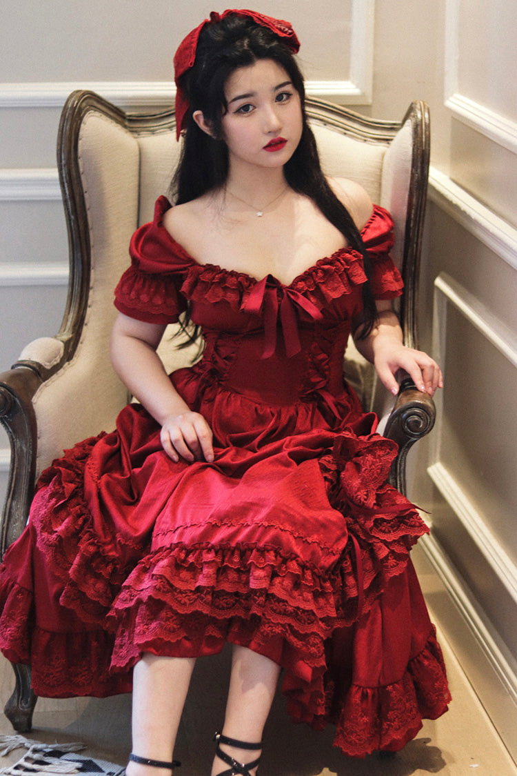 Crimson Vintage Lolita Dress with Puff Sleeves and Layered Ruffles