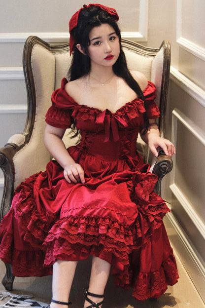 Crimson Vintage Lolita Dress with Puff Sleeves and Layered Ruffles