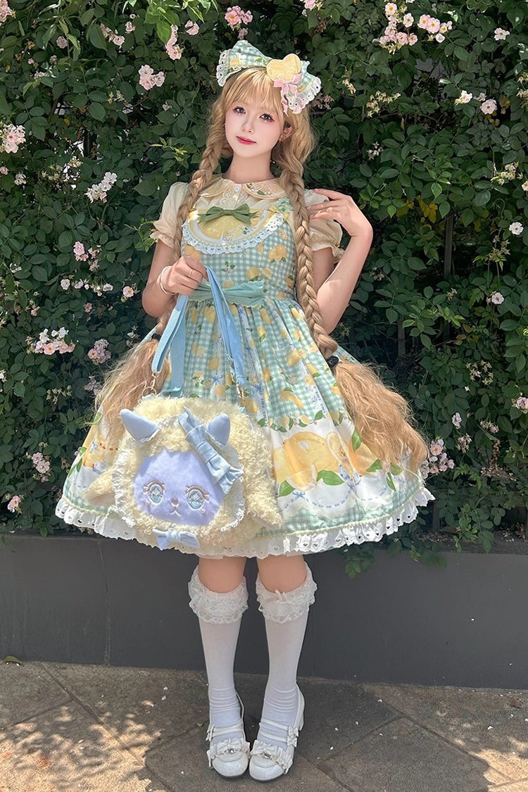 Emerald Lemon Chicken Print Ruffle Bowknot Sweet JSK Dress