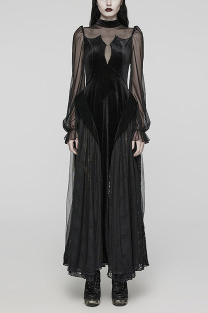 Lace-Up Mesh Gothic Dress - Ruffled Lace for Women