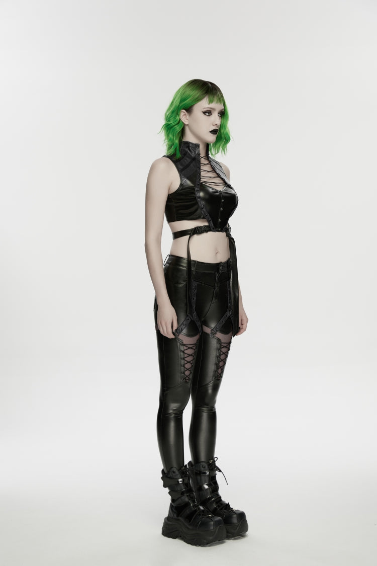 Women's Black Punk Crop Vest, Slim with Straps and Studs