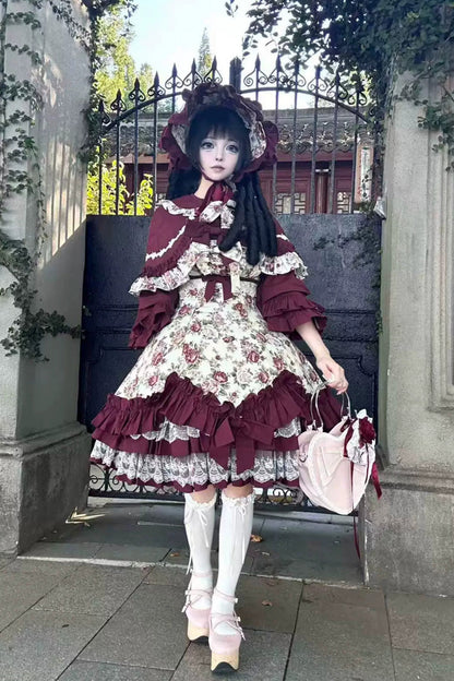 Off Shoulder Ruffled Bow Lace Gothic Lolita JSK Dress with Rose Print