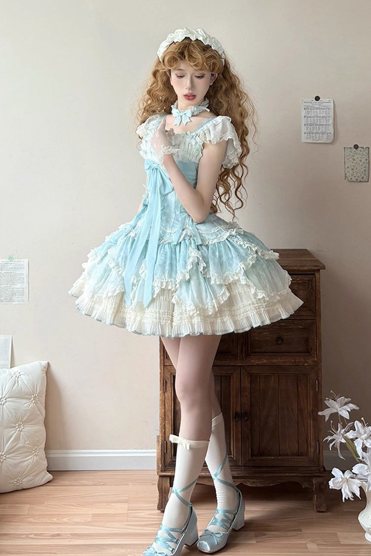 Emerald Short Sleeve Multi-Layer Ruffle Embroidery Bow Lace-Up Sweet Elegant Ballet Lolita Jumper Dress