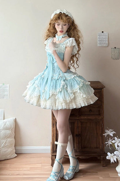 Emerald Short Sleeve Multi-Layer Ruffle Embroidery Bow Lace-Up Sweet Elegant Ballet Lolita Jumper Dress