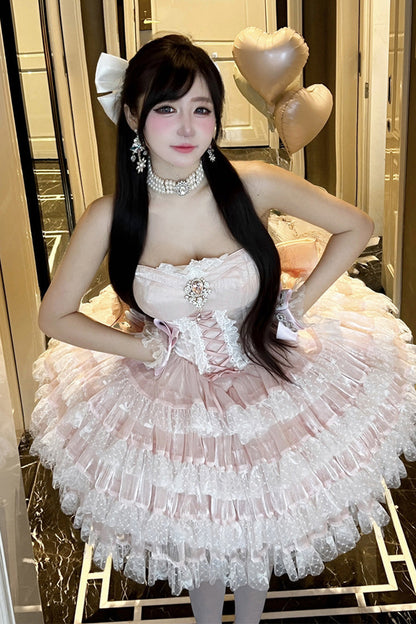 Blush Off-Shoulder Sleeveless Layered Ruffle Bow Lace-Up Princess Gown - Heartbeat at First Sight