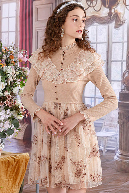 Sweet Lolita OP Dress with Lace Knit, Mesh Embroidery & High Waist, Cream