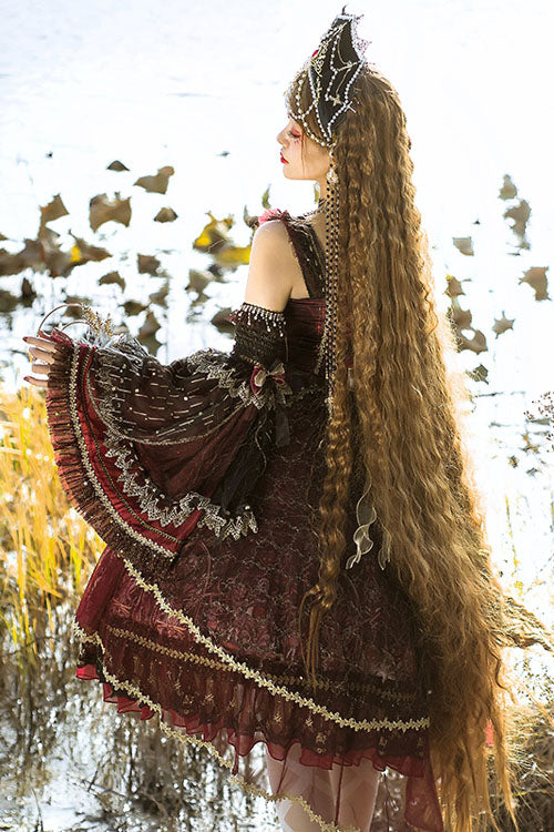 Classic Lolita JSK Dress with Heart Bowknot and Multi-Layer Ruffles in Wine - VintageBride