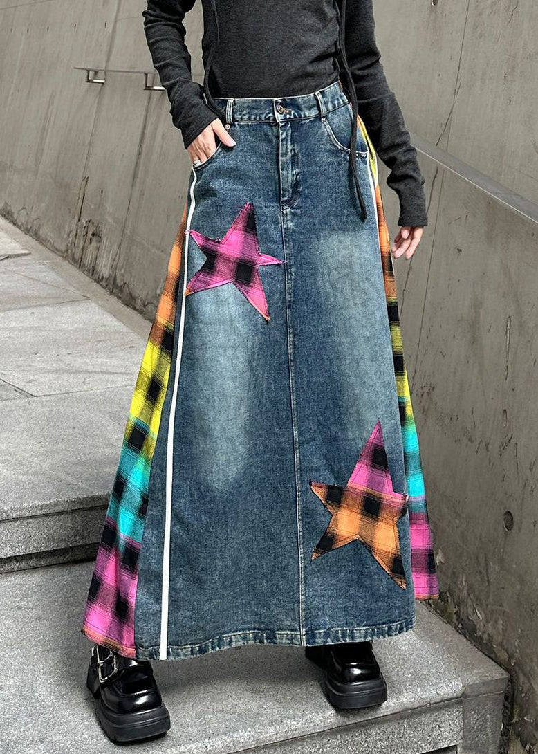Patchwork Denim Rose Modern Waist Skirts Asymmetrical Elastic