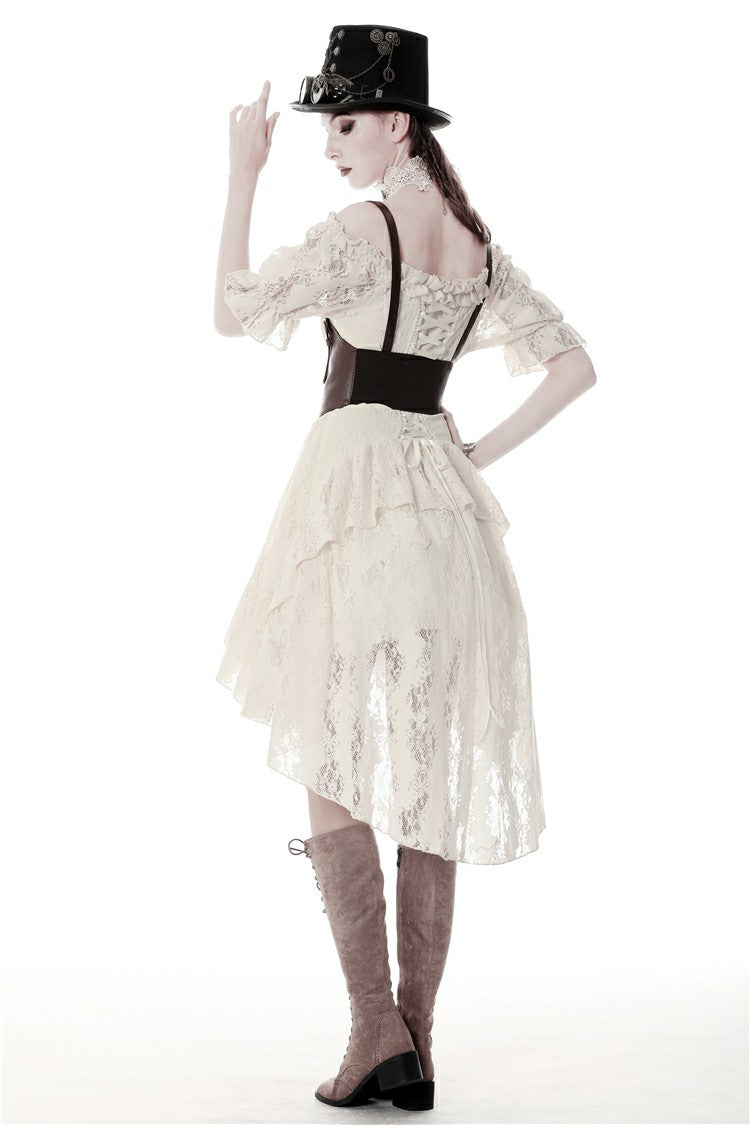 Steampunk Vintage Gorgeous Graduation Gown with Off-Shoulder Ruffles & Ruched Sleeves