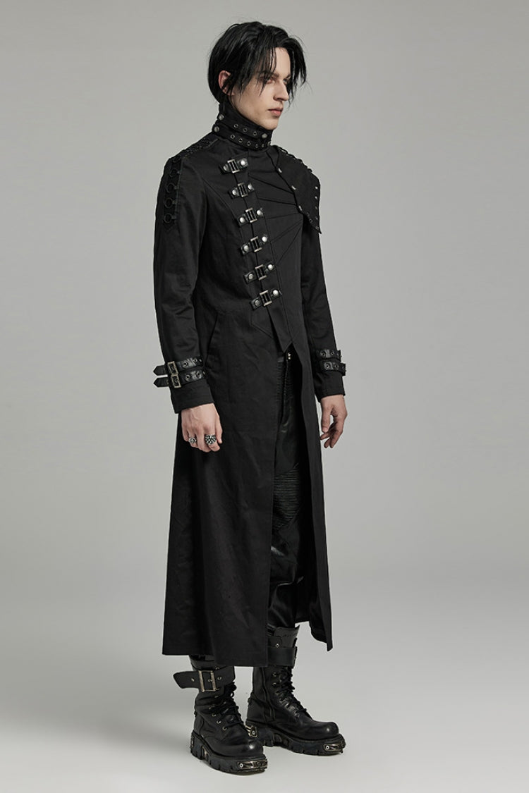 Men's Black Gothic Coat, Slim Fit with Detachable Shoulder Pads and High Collar