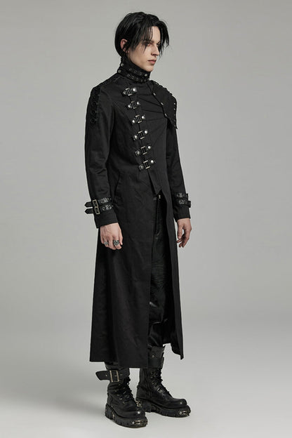 Men's Black Gothic Coat, Slim Fit with Detachable Shoulder Pads and High Collar