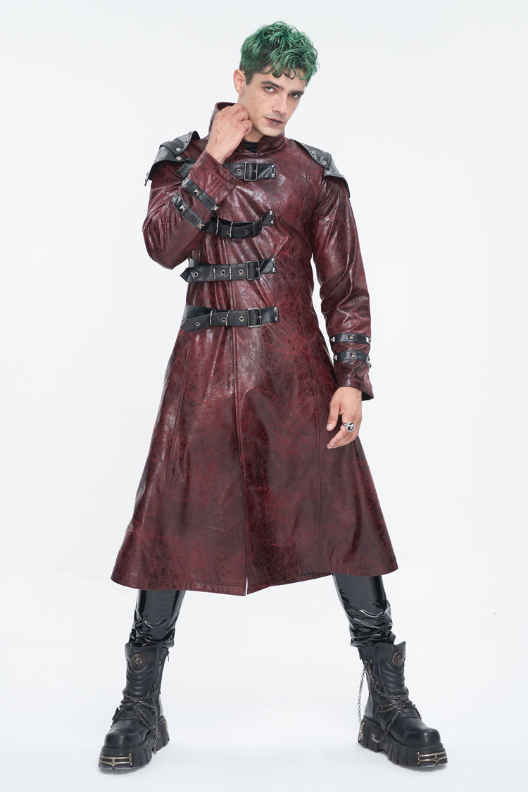 Crimson High-Neck Punk Leather-Look Long Coat with Multiple Buckles